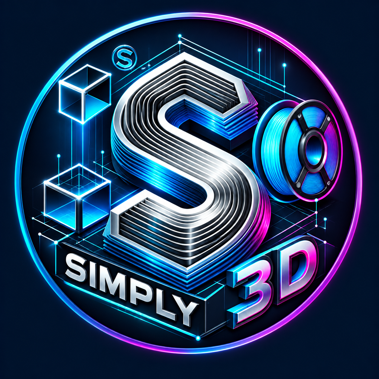 Simply 3D logo with a metallic layered S, neon cyan and magenta accents, wireframe cubes, and a filament spool